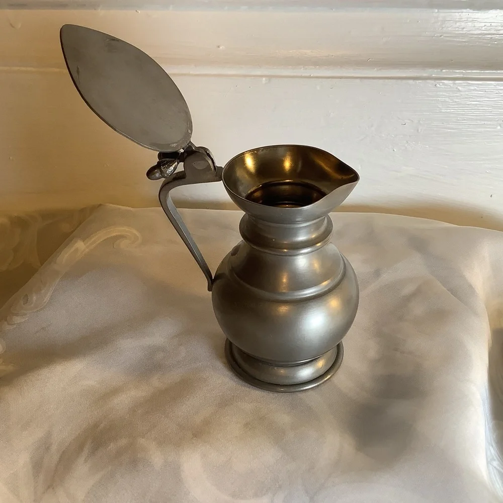 Vintage Italian Pewter 95% Syrup Pitcher With Handle and Lid Double Acorn 4.25
